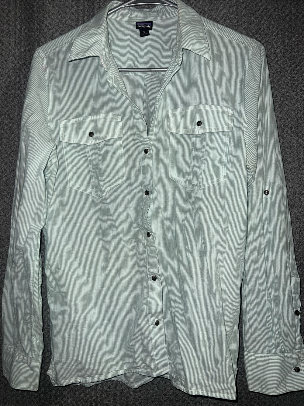 Patagonia Mint Green and White Striped Button-Up Shirt